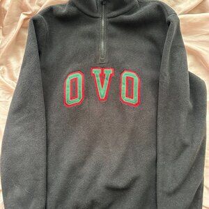 OVO Fleece Quarter-Zip Pullover Sweater - Black - Green/Red Letters - Size L